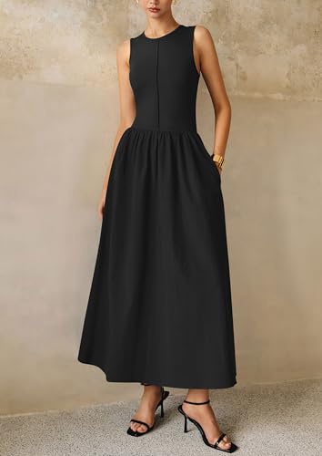 PRETTYGARDEN Pleated Maxi Dresses for Women with Pockets - color: Black, size: Medium