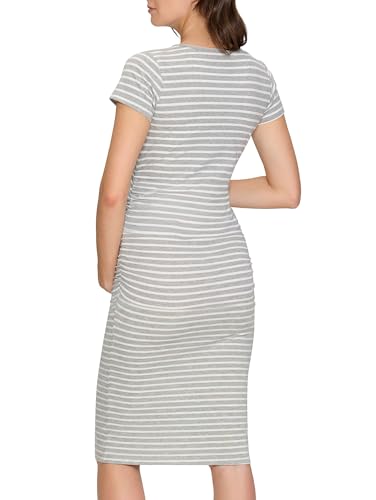 Women's Maternity Dress Short Sleeve Ruched Pregnancy Summer Dresses - color: Light Grey Stripe, size: Medium
