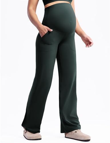 POSHDIVAH Creamluxe Maternity Wide Leg Pants Pregnancy Work Trousers - color: Pine Green, size: Small
