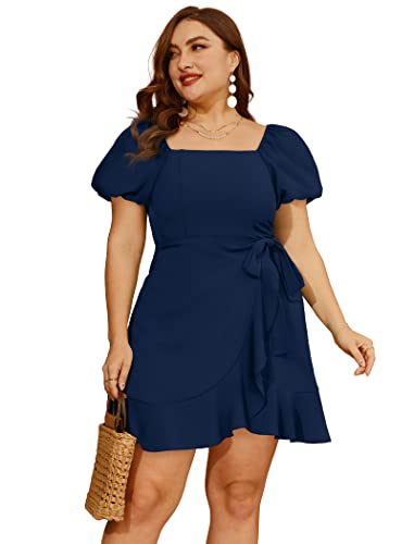 Sampeel Womens Summer Dresses Square Neck Puff Sleeve Tie Waist Short Dress - color: Blue, size: Medium