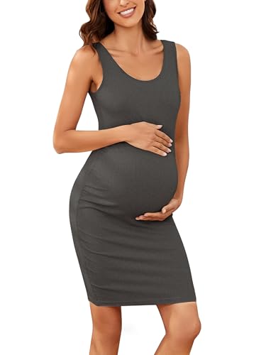 Ecavus Maternity Tank Dress, Maternity Bodycon Dress with Side Ruching - color: Dark Grey, size: Medium