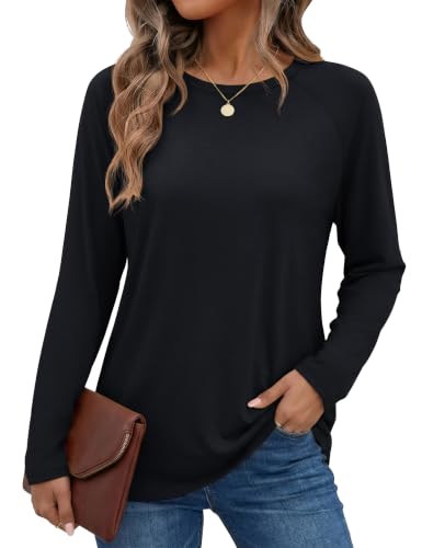 YUCOLEN Women's Long Sleeve Shirts Crew Neck Casual Cotton Basic Tee - color: Black, size: Large