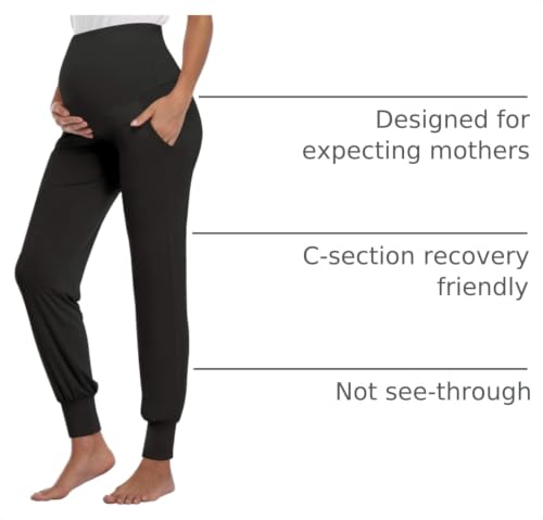 AMPOSH Women's Maternity Pants Stretchy Lounge Workout Sweatpants Casual Loose Comfy Pregnancy Joggers with Pockets - color: Black, size: Medium
