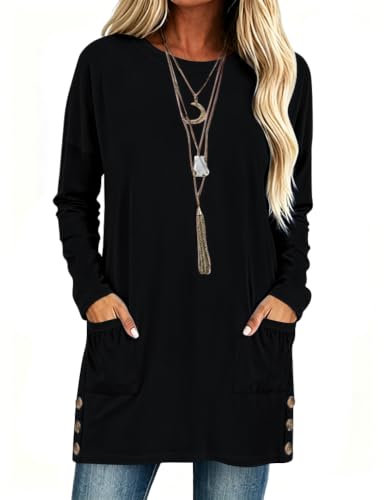 Poetsky Womens Tunic Tops for Leggings with Pockets Side Buttons Batwing Long Sleeve Casual Long Tee Shrits Fall Clothes - color: Black, size: Small
