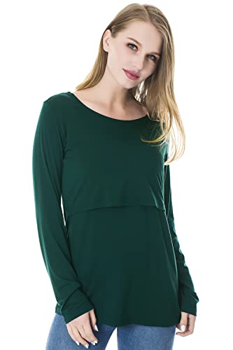 Smallshow Women's Nursing Tops Long Sleeve Breastfeeding Shirts 3 Packs - color: Brown-deep Green-white Stripe(3 Packs), size: Large