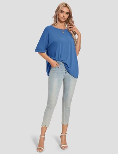 UEU Women's Oversized Crewneck T-Shirt Casual Loose Tunic Tops - color: Blue, size: X-Large
