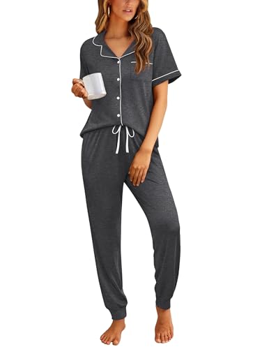 Ekouaer Women Pajama Set Short Sleeve Button Down Pjs with Jogger Pants - color: Dark Grey, size: Small