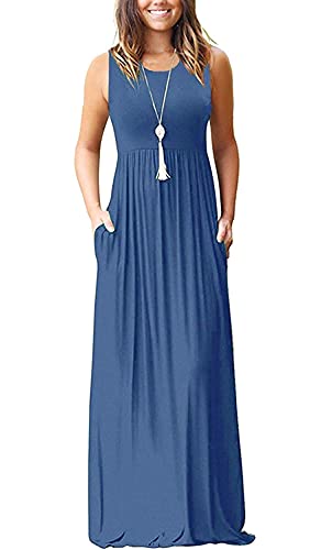 AUSELILY Women's Summer Sleeveless Loose Plain Casual Long Maxi Dresses - color: 01-beja Blue, size: Large