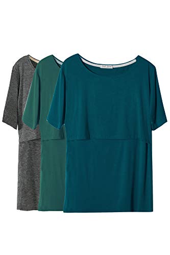 Smallshow Women's Maternity Nursing Tops Short Sleeve Breastfeeding Clothes - color: Deep Green-deep Grey-teal(3 Pack), size: Medium