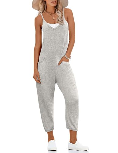 Jumpsuits for Women Summer V Neck Casual Overall Sleeveless with Pockets - color: Light Gray, size: Medium