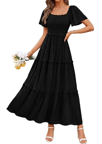 PRETTYGARDEN Womens Summer Dresses Boho Maxi Swiss Dot Dress - color: Black, size: X-Large