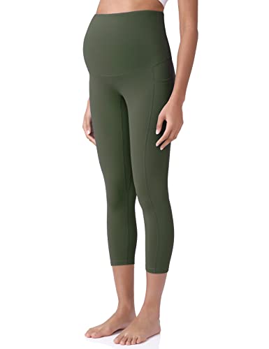 POSHDIVAH Maternity Capri Leggings with Pockets Pregnancy Workout Pants - color: Army Green, size: Medium