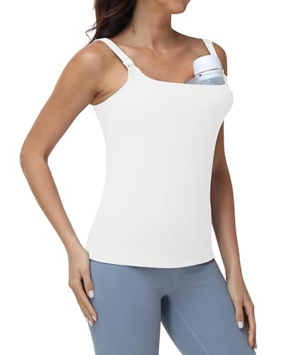 Foucome Nursing Tank Tops Stretch Nursing Cami with Built in Bra - color: White, size: Small