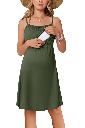 Ekouaer Womens Nursing Dress Summer Breastfeeding Maternity Clothes - color: Army Green, size: Medium