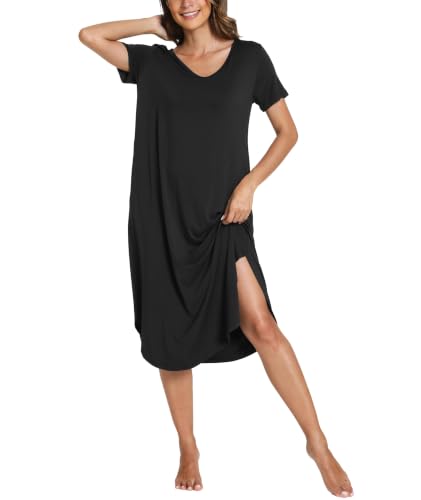 GYS Bamboo Viscose Nightgowns for Women Short Sleeve Sleep Shirt - color: Black, size: XX-Large