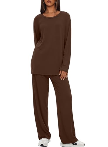 Darong Womens 2 Piece Fall Lounge Sets Oversized Tops Wide Leg Pants - color: Coffee, size: X-Large