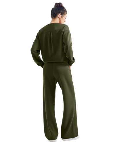SUUKSESS Women 2 Piece Outfits Fall Oversized Sweatshirt Wide Leg Pants - color: Army Green, size: Medium