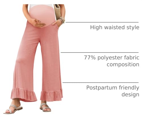 Yousify Womens Maternity Pants Ruffle Lounge Pregnancy Wide Leg Trousers - color: A-pink, size: Medium