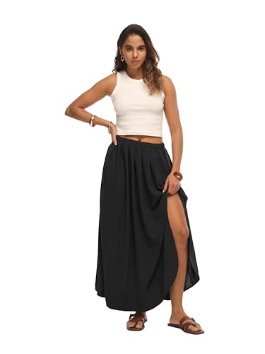 HiMONE Womens Maxi Skirt High Waisted Flowy A Line with Side Slit - color: A01-black, size: X-Large