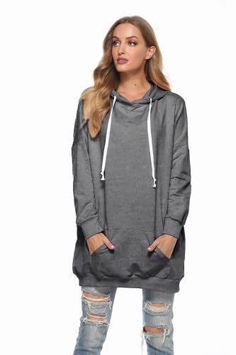 Famulily Womens Oversized Hoodie Extra Long Hooded Tunic Sweatshirt with Pockets - color: Dark Grey, size: Small