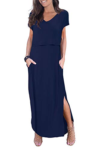 Smallshow Women's Maternity Nursing Dresses Split Long Dress for Breastfeeding - color: Dark Blue, size: Medium