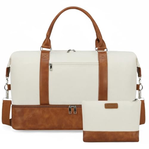 Oeihuivt Weekender Bags for Women - 21 Inch Large Travel Duffel Bag 2-Piece Set with Shoe Compartment, Heavy-Duty Canvas & Leather Carry On Overnight Tote (Airplane Approved) - color: Brown-Beige-3