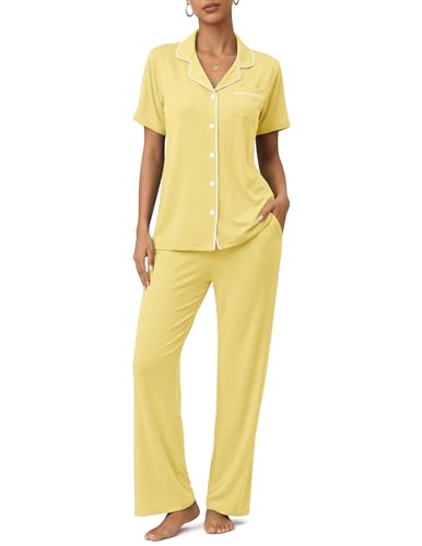 Womens Pajamas Sets 2 Piece Button Up Pj Sets Short Sleeve with Long Pant - color: Yellow, size: Medium