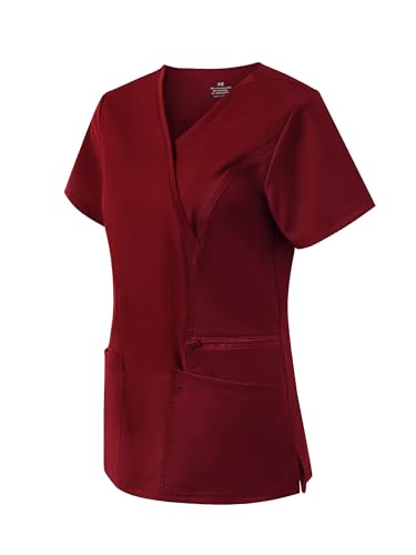 Scrub Tops for Woman, Mock Wrap Tops - color: Burgundy, size: Large