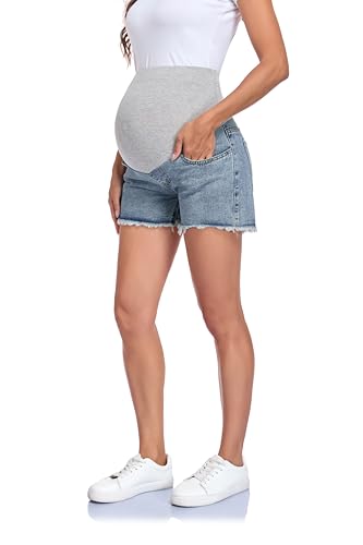 Summer Maternity Denim Shorts Adjustable High Waist Belly Panel Pregnancy Shorts with Pockets - size: Large