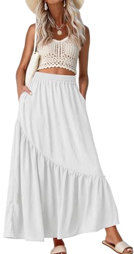 GRECERELLE Women's Maxi Skirt High Waist Tiered A-Line with Pockets - color: A-white, size: X-Small
