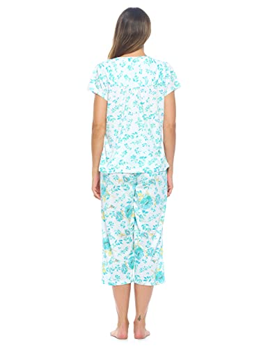 Casual Nights Women's Sleepwear Floral Top & Capri Pants Pajama Set Shirt with Printed Bottom Pjs - color: Green, size: Medium