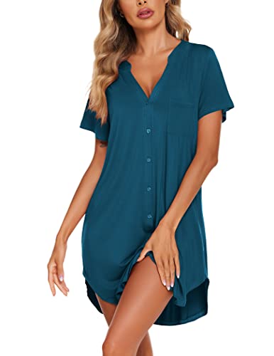 Ekouaer Nightgowns for Women Button Down Sleepshirts V Neck Sleep Dress - color: Blue Green, size: XX-Large