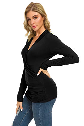 Afibi Womens Slim Fitted Deep V Neck Cross Wrap Top Long Sleeve T-Shirts - color: Black, size: Medium