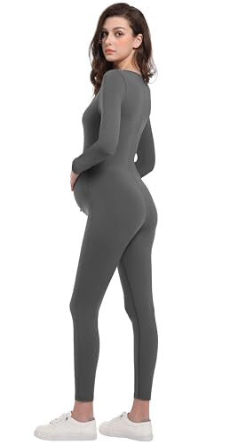 V VOCNI Maternity Jumpsuit Long Sleeve Women's Square Neck Bodysuit - color: Grey, size: X-Large