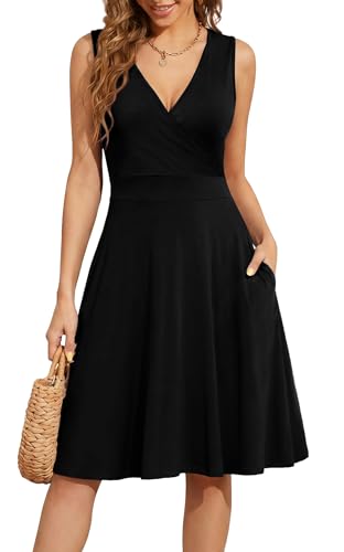 WEACZZY Women Summer V Neck Sleeveless Dress with Pockets Beach Sundress - color: Black, size: Medium