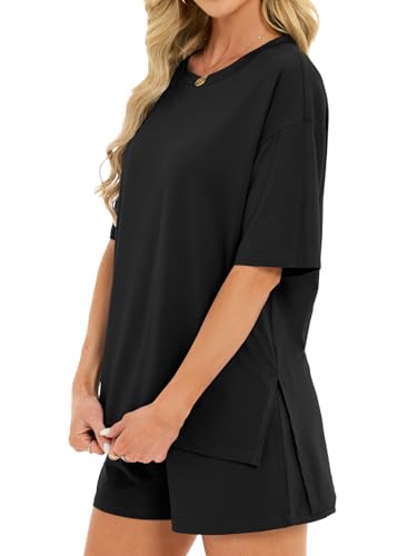 Women's 2 Piece Short Sets Loose Lounge Sets Summer Matching Sets - color: Black, size: X-Large