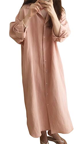 GGUHHU Womens Chic Button Down Rolled-Up Sleeve Long Cotton Blouse Maxi Dress - color: Light Pink, size: Medium