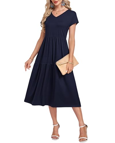 WNEEDU Women's Summer Midi Dress V Neck Swing Tiered with Pockets - color: Navy Blue, size: X-Large