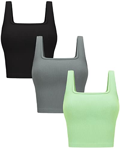 OLCHEE Womens 3 Pack Crop Tank Tops Sleeveless Square Neck Workout Top - color: Black + Light Grey + Olive Green, size: Large