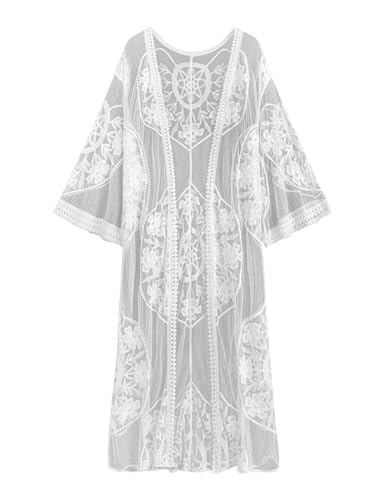 Romanstii Women's Lace Cardigan Floral Crochet Sheer Beach Cover Ups Long Kimono - color: V-white