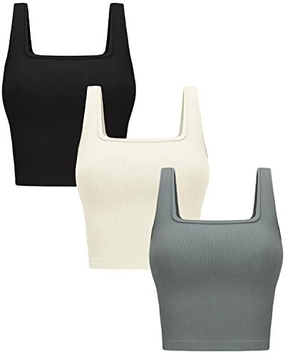 Womens 3Pk Crop Tank Tops Square Neck Workout Top - color: Black + Beige + Light Grey, size: Large
