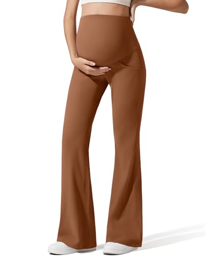 G4Free Ribbed Maternity Pants Yoga Flare Pregnancy Leggings Casual - color: Burnt Caramel, size: Medium