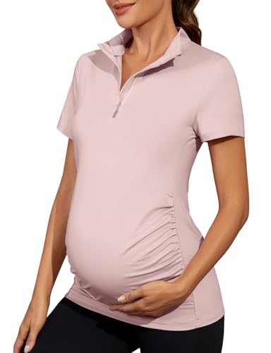 Viracy Womens Maternity Workout Tops 1/4 Zip Up Lightweight Short Sleeve Pregnancy Shirts for Work - color: Light Pink, size: Medium