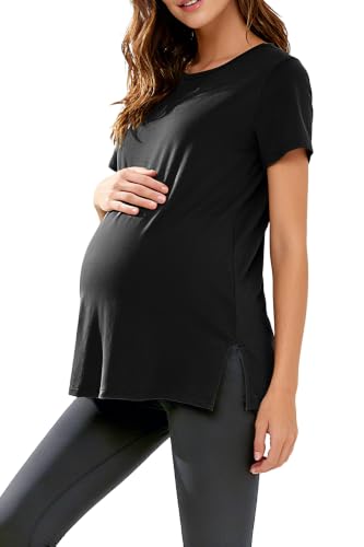 Women's Maternity Shirts Short Sleeve Split Hem Pregnancy Tops Clothes - color: Black, size: X-Large