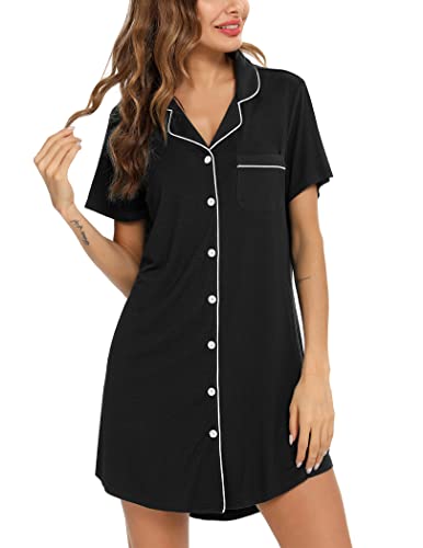 Pjmlifecoco Women's Button Down Nightgown Short Sleeve Sleep Shirt - color: Black, size: Small
