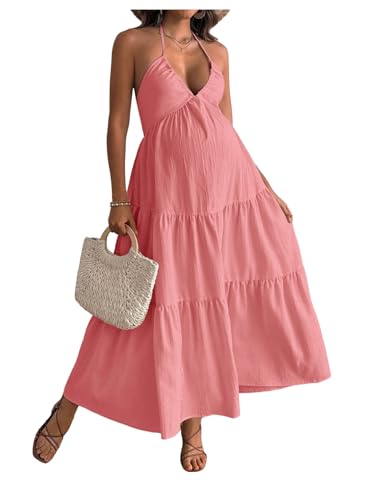 Milumia Women's Maternity Flowy Halter Maxi Dress Summer Sundress - color: Pink, size: Small