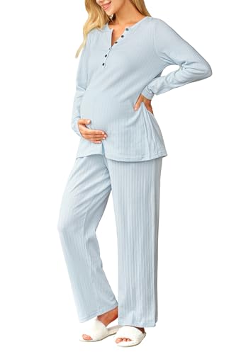 OUGES Women's Maternity Nursing Pajamas Sets Pregnancy Delivery Lounge Pjs - color: Light Blue, size: Medium