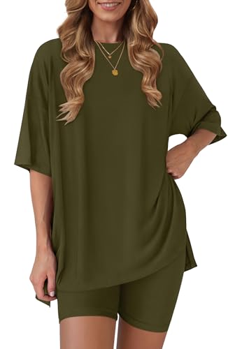 RUBZOOF Women 2 Piece Lounge Sets Summer Outfits Shorts Set - color: Army Green, size: Medium
