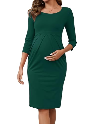 Maternity Work Dress 3/4 Sleeve Formal Business Outfit - color: Dark Green, size: X-Large