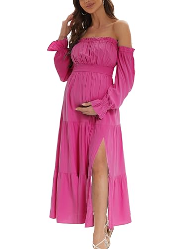 Boho Off Shoulder Maternity Dresses, Long Sleeve Side Split Flowy A Line Tiered Maxi Dress for Baby Shower Photoshoot - color: Rose, size: Medium